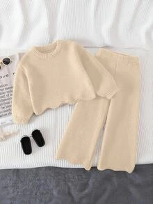 Setelan Sweater untuk Anak Perempuan, Sweater Rajut Lengan Panjang dan Celana Rajut Lebar - Krem - View 11
