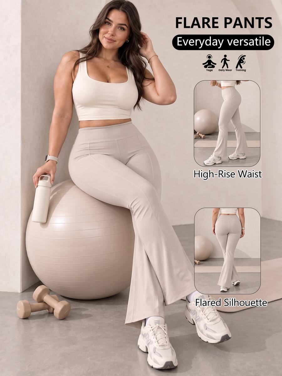 Easithlete Plus Size Women's Solid Color High Waist Slim Fit Comfortable Sports Flare Pants - Grey - View 1