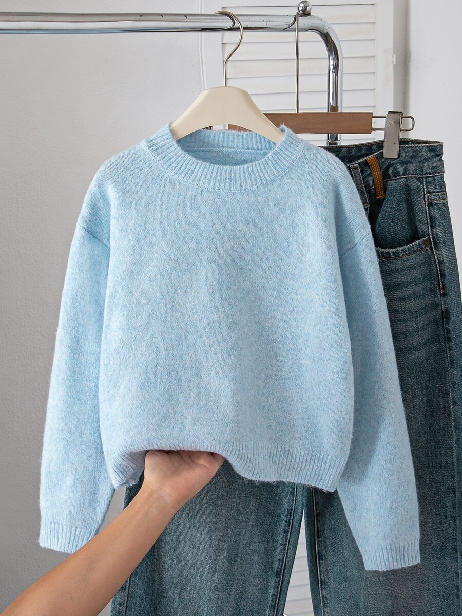 SHEIN Tween Girls Round Neck Pullover Sweater, Milk Blue Marled Knit, Short Length, Dropped Shoulder, Long Sleeve, Loose Fit, Versatile Layering Top For Autumn/Winter, Suitable For Outings - Baby Blue - View 1