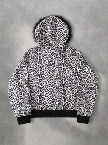 ROMWE MEN Street Life Men's American Vintage Leopard Print Fur Collar Hooded Zip-Up Sweatshirt - Black and White - View 2