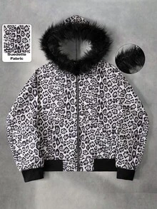 ROMWE MEN Street Life Men's American Vintage Leopard Print Fur Collar Hooded Zip-Up Sweatshirt - Black and White - View 1