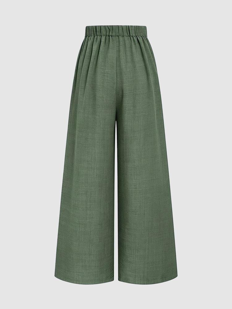 Selianne French Style Drape Wide Leg Pants, Slimming Textured Navy Blue Elegant Commute Casual Women's Long Pants - Army Green - View 3