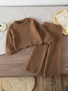 2pcs/Set Khaki Crew Neck Long Sleeve Pullover Sweater And Straight Leg Knit Pants Autumn Winter - Coffee Brown - View 3