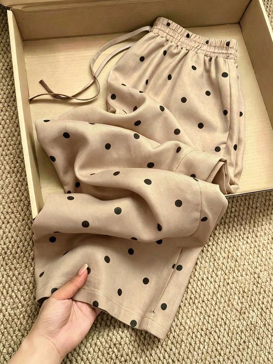EMERY ROSE 大尺碼女款休閒度假慵懶垂墜波點印花抽繩繫帶亞麻寬鬆闊腿褲 - 彩色 - 查看 1