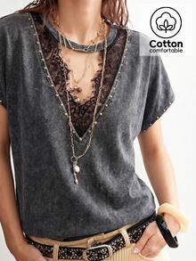 Bohemela Women's Casual Solid Color Knit Loose T-Shirt - Black - View 11