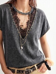 Bohemela Women's Casual Solid Color Knit Loose T-Shirt - Black - View 1
