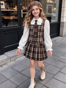 SHEIN Tween Girls 2pcs Set Plaid Shirt With Tie And Pleated Skirt Outfit - Multicolor - View 5