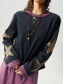 Bohemela 休閒針織拼色圓領長袖寬鬆女款T恤 - 彩色 - 查看 7