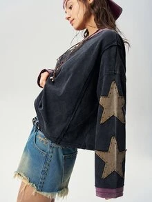 Bohemela 休閒針織拼色圓領長袖寬鬆女款T恤 - 彩色 - 查看 4