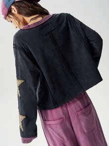 Bohemela 休閒針織拼色圓領長袖寬鬆女款T恤 - 彩色 - 查看 8
