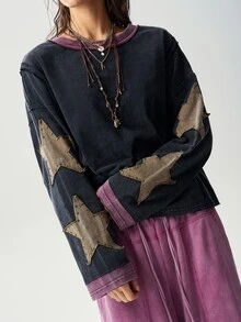 Bohemela 休閒針織拼色圓領長袖寬鬆女款T恤 - 彩色 - 查看 6