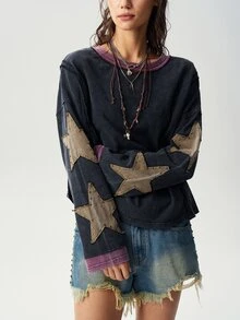Bohemela 休閒針織拼色圓領長袖寬鬆女款T恤 - 彩色 - 查看 2