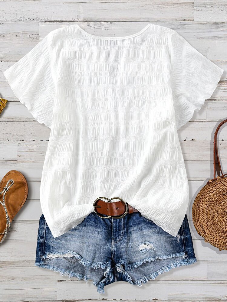 SHEIN LUNE CURVE [Printed Design] Plus Size White Summer Boho Vacation Elegant Embroidery-Look Digital Print Ruffle Sleeve T-Shirt, Breathable Fabric Spring Bohemian Blouses - Black - View 3
