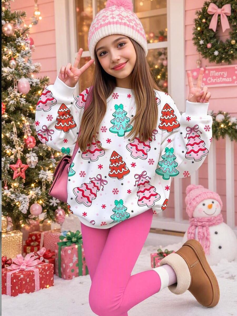 Bộ quần áo cho bé gái tuổi teen phong cách thường ngày dễ thương, họa tiết cây thông Noel, chấm bi và bông tuyết, màu kem ngọt ngào, áo sweatshirt cổ tròn và quần dài cạp chun, lót nỉ giữ nhiệt cho mùa thu/đông, phong cách mùa thu, set đồ mùa thu, Giáng sinh - Nhiều màu - Xem 1