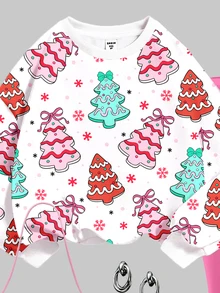 Tween女孩休閒可愛聖誕樹圖案波點雪花甜美奶油風圓領衛衣＋鬆緊腰長褲套裝，保暖內裡，秋冬款，秋季穿搭套裝，聖誕 - 彩色 - 查看 5