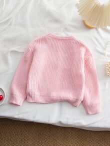 Children's Pink Knitted Long Sleeve Sweater With Cherry Embroidery Pattern, Soft And Comfortable, Suitable For Daily Wear, Autumn, Winter, Christmas - Pink - View 3
