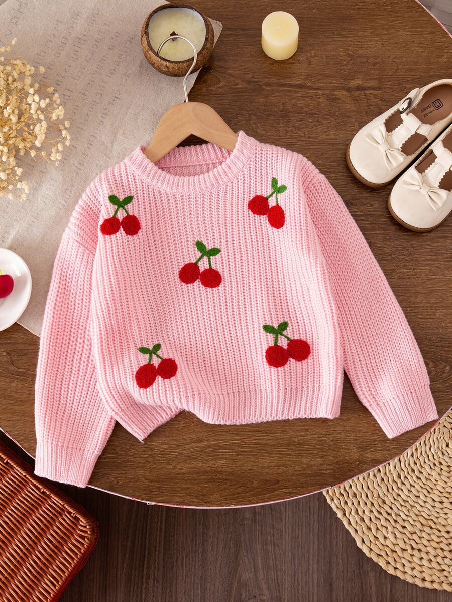 Children's Pink Knitted Long Sleeve Sweater With Cherry Embroidery Pattern, Soft And Comfortable, Suitable For Daily Wear, Autumn, Winter, Christmas