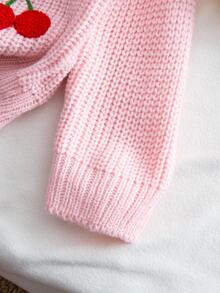 Children's Pink Knitted Long Sleeve Sweater With Cherry Embroidery Pattern, Soft And Comfortable, Suitable For Daily Wear, Autumn, Winter, Christmas - Pink - View 8