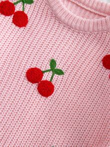 Children's Pink Knitted Long Sleeve Sweater With Cherry Embroidery Pattern, Soft And Comfortable, Suitable For Daily Wear, Autumn, Winter, Christmas - Pink - View 7