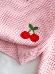 Children's Pink Knitted Long Sleeve Sweater With Cherry Embroidery Pattern, Soft And Comfortable, Suitable For Daily Wear, Autumn, Winter, Christmas - Pink - View 5