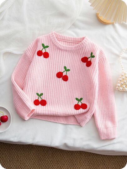 Children's Pink Knitted Long Sleeve Sweater With Cherry Embroidery Pattern, Soft And Comfortable, Suitable For Daily Wear, Autumn, Winter, Christmas