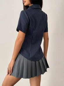 TRNVIE Women's Button-Down Short-Sleeved Striped Design Slim Fit Everyday Shirt,Short Sleeve Tops - Blue - View 2