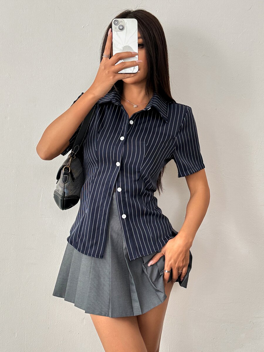 TRNVIE Women's Button-Down Short-Sleeved Striped Design Slim Fit Everyday Shirt,Short Sleeve Tops - Blue - View 1