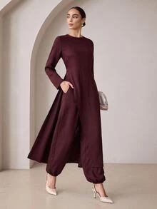 Graceveil Setelan Dua Potong Bertekstur Polos dan Sopan untuk Wanita Muslim, Tunik Lengan Panjang Kerah Bulat dengan Belahan Samping + Celana Harem dengan Karet Pinggang, Pakaian Sehari-hari di Dubai - Burgundy - View 9