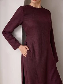 Graceveil Setelan Dua Potong Bertekstur Polos dan Sopan untuk Wanita Muslim, Tunik Lengan Panjang Kerah Bulat dengan Belahan Samping + Celana Harem dengan Karet Pinggang, Pakaian Sehari-hari di Dubai - Burgundy - View 7