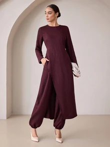 Graceveil Setelan Dua Potong Bertekstur Polos dan Sopan untuk Wanita Muslim, Tunik Lengan Panjang Kerah Bulat dengan Belahan Samping + Celana Harem dengan Karet Pinggang, Pakaian Sehari-hari di Dubai - Burgundy - View 4