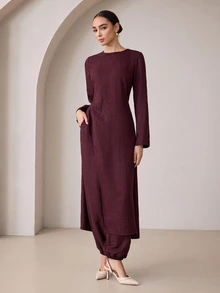 Graceveil Setelan Dua Potong Bertekstur Polos dan Sopan untuk Wanita Muslim, Tunik Lengan Panjang Kerah Bulat dengan Belahan Samping + Celana Harem dengan Karet Pinggang, Pakaian Sehari-hari di Dubai - Burgundy - View 5