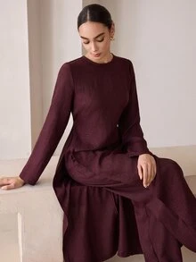 Graceveil Setelan Dua Potong Bertekstur Polos dan Sopan untuk Wanita Muslim, Tunik Lengan Panjang Kerah Bulat dengan Belahan Samping + Celana Harem dengan Karet Pinggang, Pakaian Sehari-hari di Dubai - Burgundy - View 8