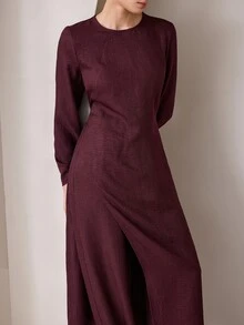 Graceveil Setelan Dua Potong Bertekstur Polos dan Sopan untuk Wanita Muslim, Tunik Lengan Panjang Kerah Bulat dengan Belahan Samping + Celana Harem dengan Karet Pinggang, Pakaian Sehari-hari di Dubai - Burgundy - View 6