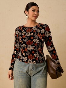 Freevana 休閒浪漫楓葉印花大尺碼女款圓領長袖T恤上衣 - 彩色 - 查看 7
