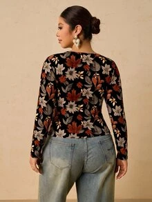 Freevana 休閒浪漫楓葉印花大尺碼女款圓領長袖T恤上衣 - 彩色 - 查看 2