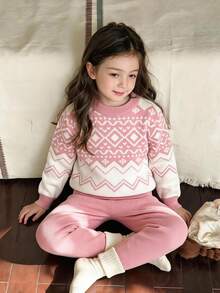 SHEIN Genkimix Kids 2pcs Autumn/Winter Young Girl Casual White Pink Diamond Grid Fair Isle Jacquard Pattern Crew Neck Sweatshirt And Leggings,Daily,Halloween/Christmas - Multicolor - View 1