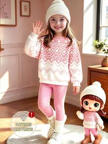 SHEIN Genkimix Kids 2pcs Autumn/Winter Young Girl Casual White Pink Diamond Grid Fair Isle Jacquard Pattern Crew Neck Sweatshirt And Leggings,Daily,Halloween/Christmas - Multicolor - View 3