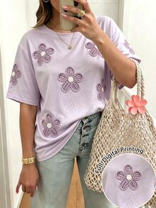 EMERY ROSE [印花設計] 女款大尺碼休閒可愛短袖圓領仿刺繡花卉T恤 正式約會之夜 薰衣草色 夏季 - 彩色 - 查看 1