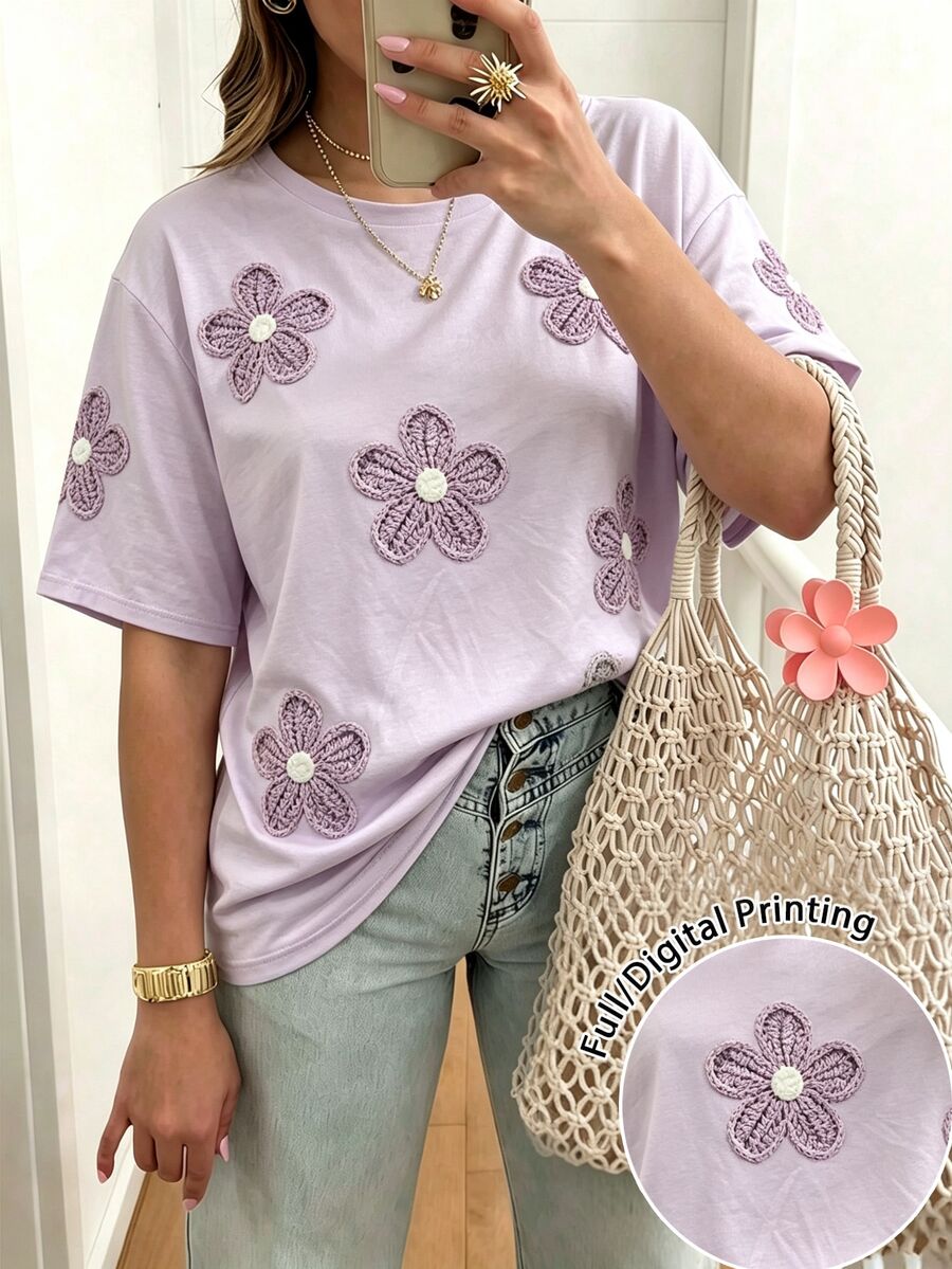 EMERY ROSE [印花設計] 女款大尺碼休閒可愛短袖圓領仿刺繡花卉T恤 正式約會之夜 薰衣草色 夏季 - 彩色 - 查看 1