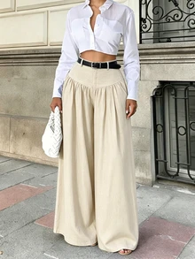 Elenzga 法式垂墜寬腿長褲，修身紋理海軍藍優雅通勤休閒女款長褲 - 杏色 - 查看 2