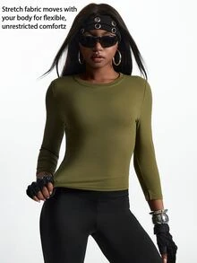 Innovista Innovista Women's Solid Color Round Neck Long Sleeve Daily Fitness Sports T-Shirt - Olive Green - View 2