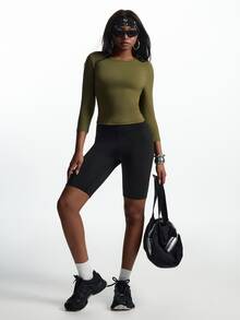 Innovista Innovista Women's Solid Color Round Neck Long Sleeve Daily Fitness Sports T-Shirt - Olive Green - View 10