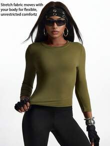 Innovista Innovista Women's Solid Color Round Neck Long Sleeve Daily Fitness Sports T-Shirt - Olive Green - View 15