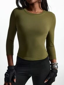 Innovista Innovista Women's Solid Color Round Neck Long Sleeve Daily Fitness Sports T-Shirt - Olive Green - View 12