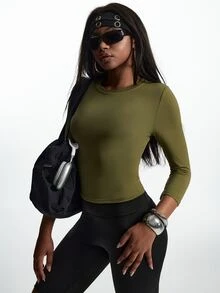 Innovista Innovista Women's Solid Color Round Neck Long Sleeve Daily Fitness Sports T-Shirt - Olive Green - View 11