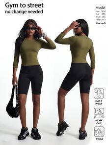 Innovista Innovista Women's Solid Color Round Neck Long Sleeve Daily Fitness Sports T-Shirt - Olive Green - View 8