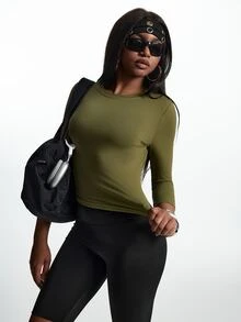 Innovista Innovista Women's Solid Color Round Neck Long Sleeve Daily Fitness Sports T-Shirt - Olive Green - View 9
