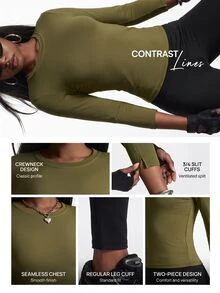 Innovista Innovista Women's Solid Color Round Neck Long Sleeve Daily Fitness Sports T-Shirt - Olive Green - View 5