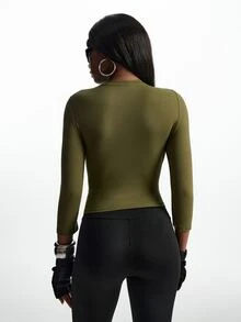 Innovista Innovista Women's Solid Color Round Neck Long Sleeve Daily Fitness Sports T-Shirt - Olive Green - View 3