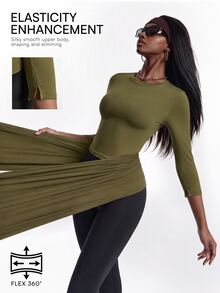 Innovista Innovista Women's Solid Color Round Neck Long Sleeve Daily Fitness Sports T-Shirt - Olive Green - View 6
